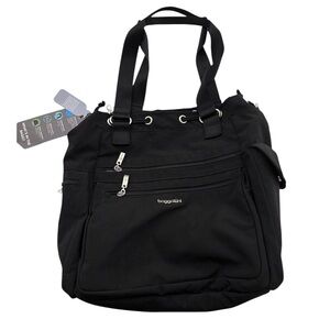 NWT Baggallini Modern Everyday Drawstring Tote Bag in Black with Silver Hardware
